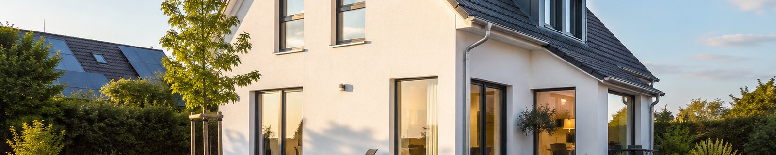 Wohnhaus mit Terrasse und Garten im Abendlicht